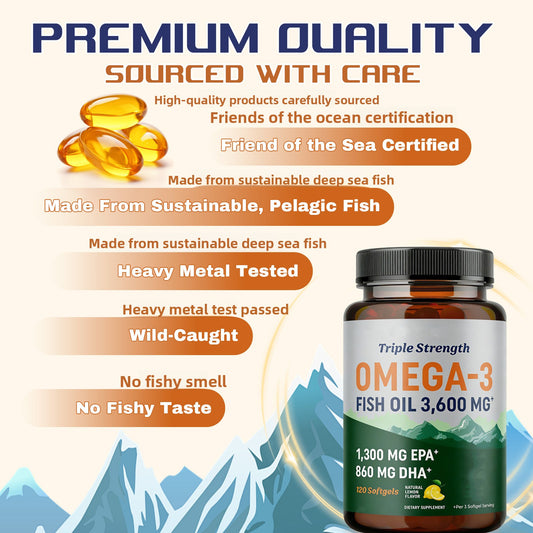 Triple Strength Omega-3 Fish Oil 3,600mg - 1300mg EPA & 860mg DHA, 120 Lemon Softgels | Organic Wellness Hub
