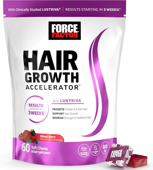 Force Factor Hair Growth Accelerator 3-Pack | 180 Soft Chews with LUSTRIVA® | Mixed Berry | 90-Day Supply | Thicker, Fuller Hair Starting in 3 Weeks | Non-GMO | No Artificial Sweeteners
