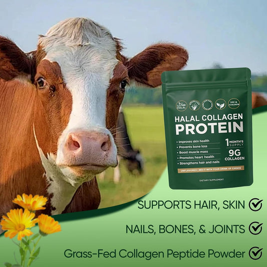 Halal Collagen Protein Powder 9g | Grass-Fed Non-GMO Type 1 & 3 | Skin Hair Nails Bones Muscle & Heart Health | 1 Month Supply | Organic Wellness Hub