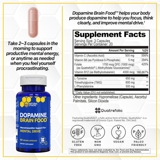 Natural Stacks Dopamine Brain Food™ 3-Pack Bundle – 650mg L-Tyrosine Nootropic | 3×60 Vegan Capsules | Focus, Mental Drive & Motivation | Organic Wellness Hub