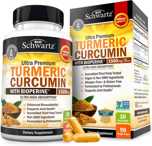 BioSchwartz Ultra Premium Turmeric Curcumin with BioPerine 1500mg (3 Pack) – 270 Veggie Capsules | High Absorption Formula | Organic Wellness Hub