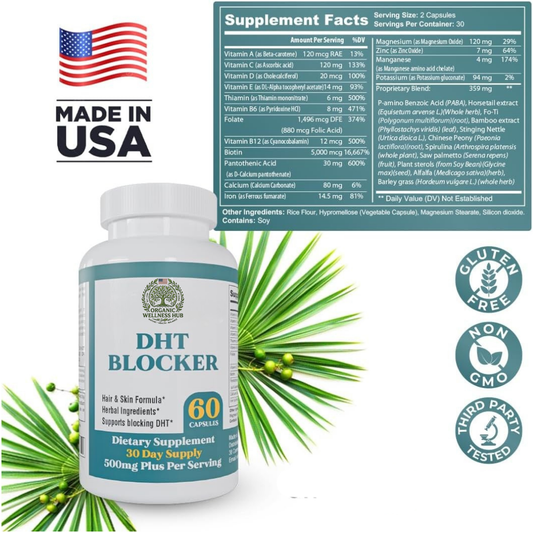 DHT Blocker Hair & Skin Formula 60 Capsules | Herbal Hair Support Supplement | Lab Tested | Organic Wellness Hub