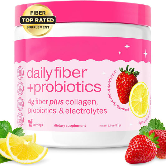 Daily Fiber + Probiotics Powder | 4g Fiber + Collagen + Probiotics + Electrolytes | Strawberry Lemonade | 16 Servings | Top Rated | Lab Tested | Organic Wellness Hub