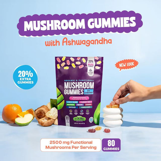 Organic Mushroom Gummies with Ashwagandha - 2500mg | Lion's Mane, Reishi, Chaga, Cordyceps & More | 80 Vegan Gummies | Mixed Fruit Flavor