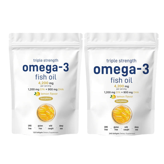 Triple Strength Omega-3 Fish Oil 4200mg | 1200mg EPA + 900mg DHA | Lemon Flavor Burpless Softgels 240 | Organic Wellness Hub