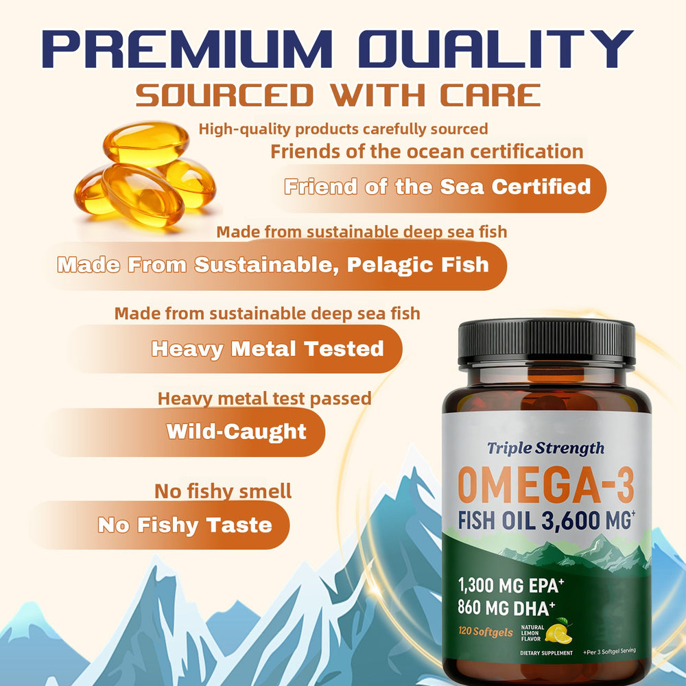 Triple Strength Omega-3 Fish Oil 3,600mg - 1300mg EPA & 860mg DHA, 120 Lemon Softgels | Organic Wellness Hub