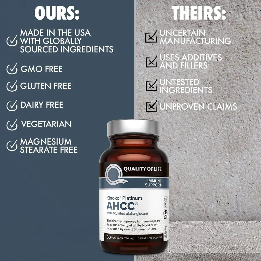 Quality of Life Kinoko Platinum AHCC Immune Support 60 Vegicaps (3 Bottles) | Premium Immune Health Supplement | Organic Wellness Hub