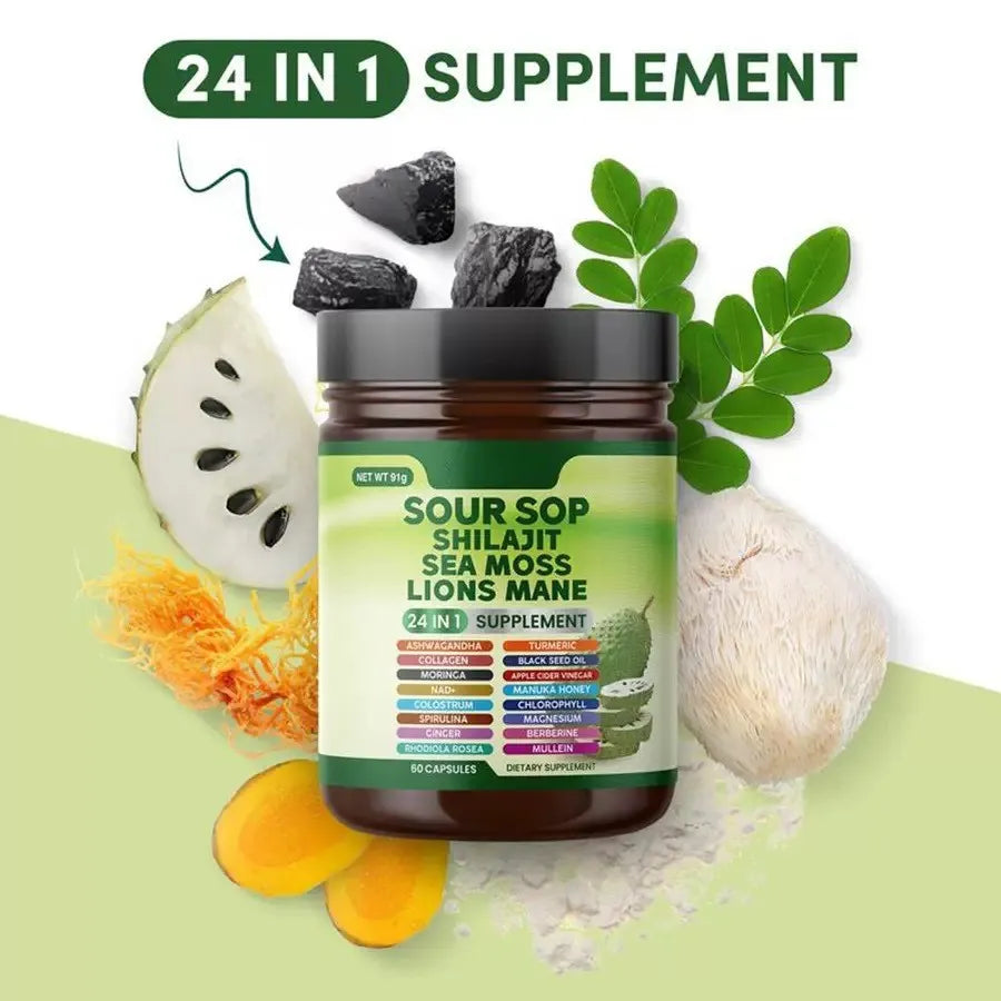 Sour Sop Shilajit Sea Moss Lions Mane 3-Pack Bundle | 24-in-1 Organic Supplement | 180 Capsules | Best Value | Organic Wellness Hub