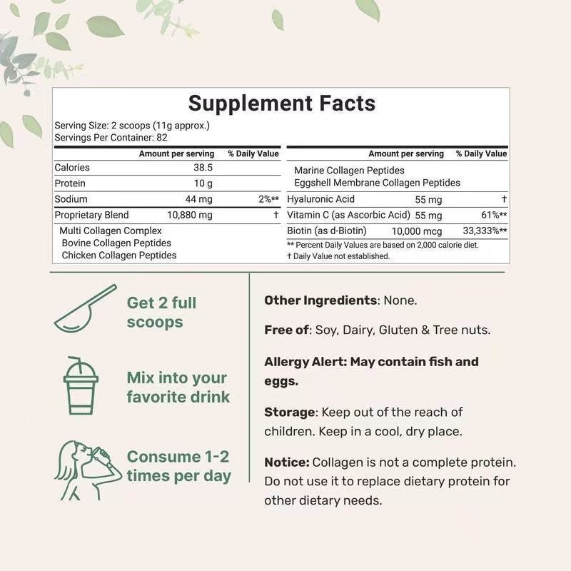 Multi Collagen Peptides Powder 2lb | Type I II III V X with Biotin Vitamin C & Hyaluronic Acid | GMO-Free Grass-Fed Pasture-Raised | Unflavored | Organic Wellness Hub