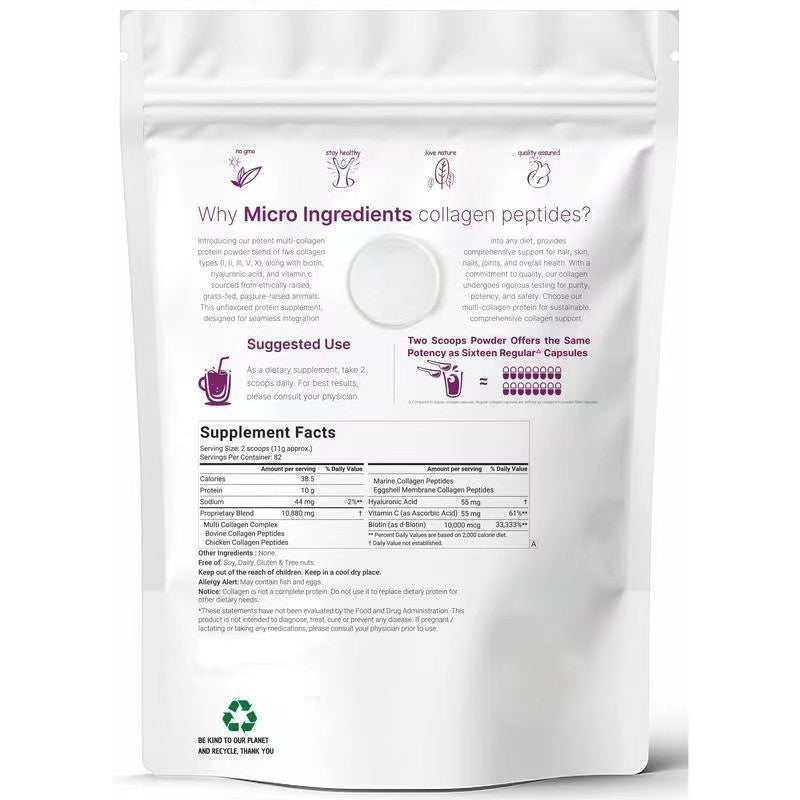 Multi Collagen Peptides Powder 2lb | Type I II III V X with Biotin Vitamin C & Hyaluronic Acid | GMO-Free Grass-Fed Pasture-Raised | Unflavored | Organic Wellness Hub