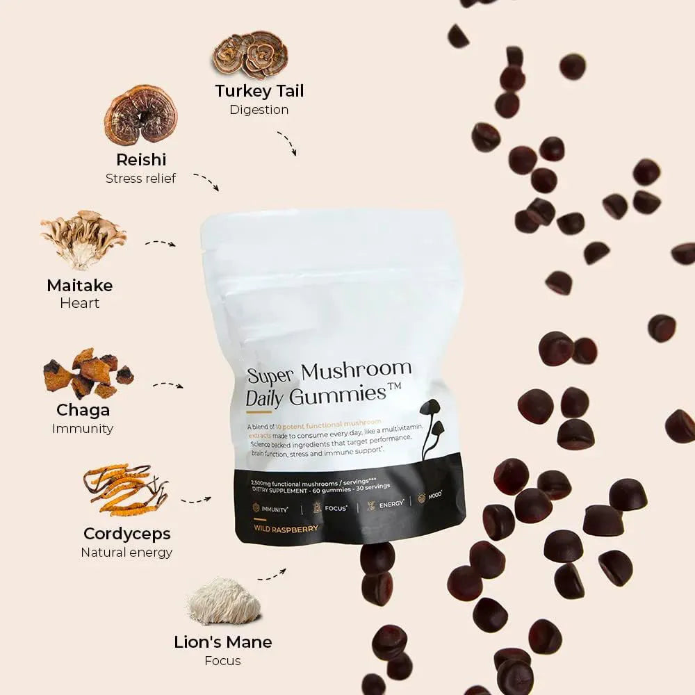 Mushroom Daily Gummies 3-Pack – 3000mg Functional Mushrooms for Brain, Immunity, Energy, Focus & Mood | Wild Raspberry | Organic Wellness Hub