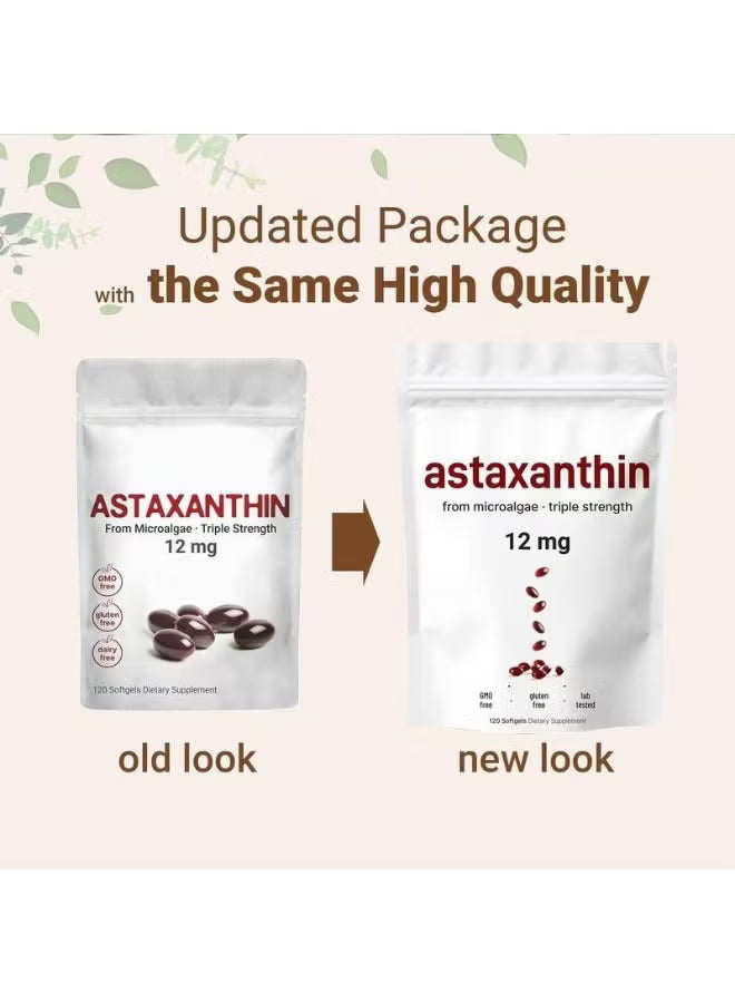 Astaxanthin 12mg Triple Strength — 3-Pack Bundle | 360 Softgels | Microalgae | Lab Tested | Best Value – Organic Wellness Hub