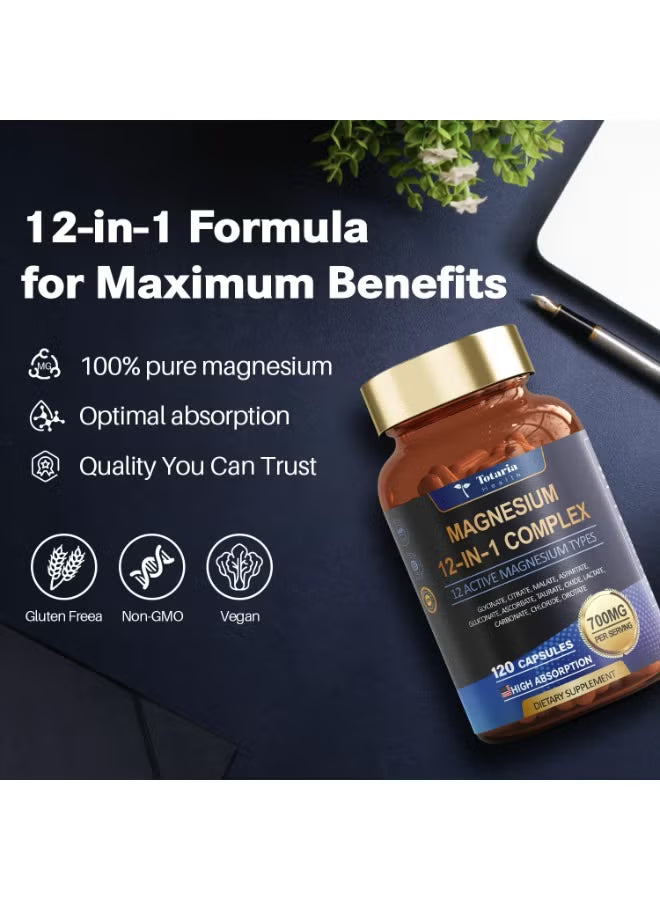 Totaria Health Magnesium 12-in-1 Complex 700mg 3-Pack – High Absorption Magnesium Supplement | 360 Capsules | Organic Wellness Hub