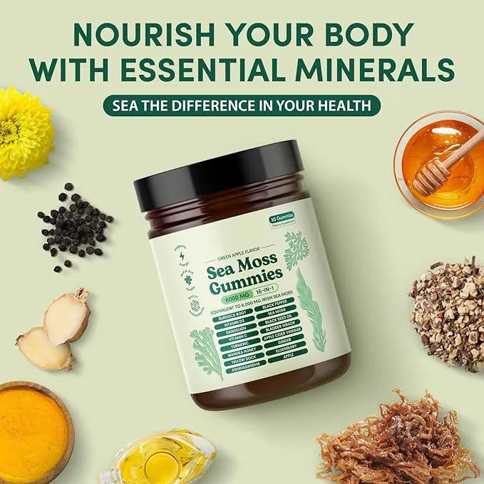 Organic Sea Moss Gummies 6000mg | 16-in-1 Irish Sea Moss Complex with Burdock Root, Bladderwrack & Vitamin D3 | Green Apple | 30 Count - Organic Wellness Hub