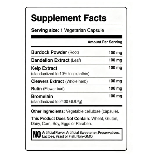 Lymphatic Complex 6-in-1 Capsules - Burdock, Dandelion, Kelp, Cleavers, Rutin & Bromelain | Organic Wellness Hub