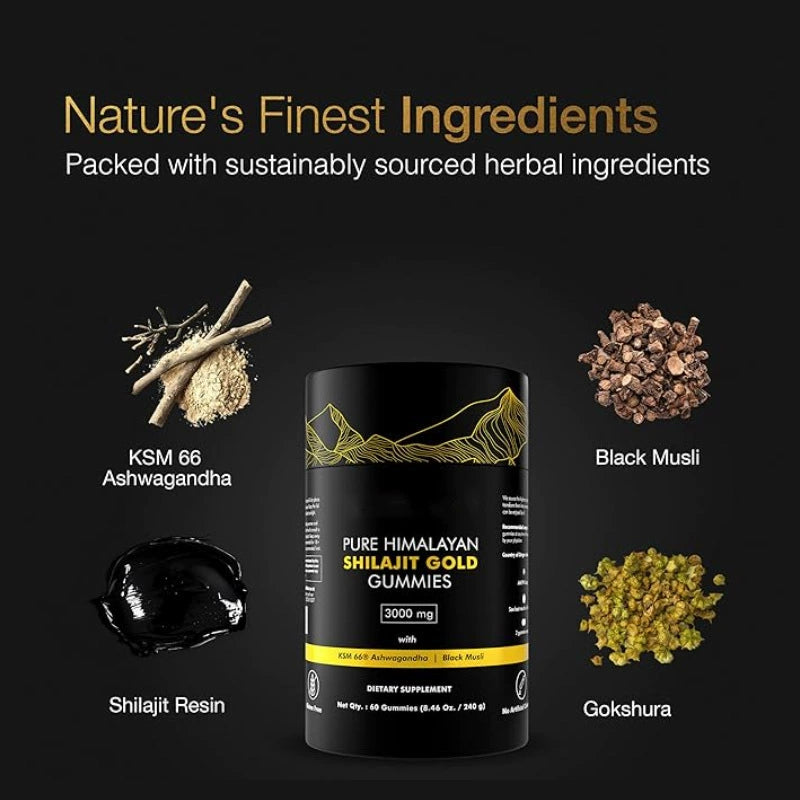 Pure Himalayan Shilajit Gold Gummies 3000mg | KSM-66 & Ashwagandha | 60 Gummies | Organic Wellness Hub