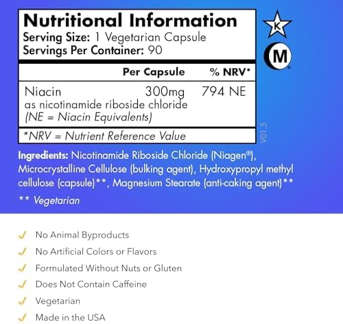 مُعزّز TRU NIAGEN®‎ لـ NAD+ بقوة 300 ملجم | نيكوتيناميد ريبوسيد حاصل على براءة اختراع | 90 كبسولة نباتية | مدعوم بأبحاث جائزة نوبل | مكمل طاقة مضاد للشيخوخة | مركز العافية العضوي