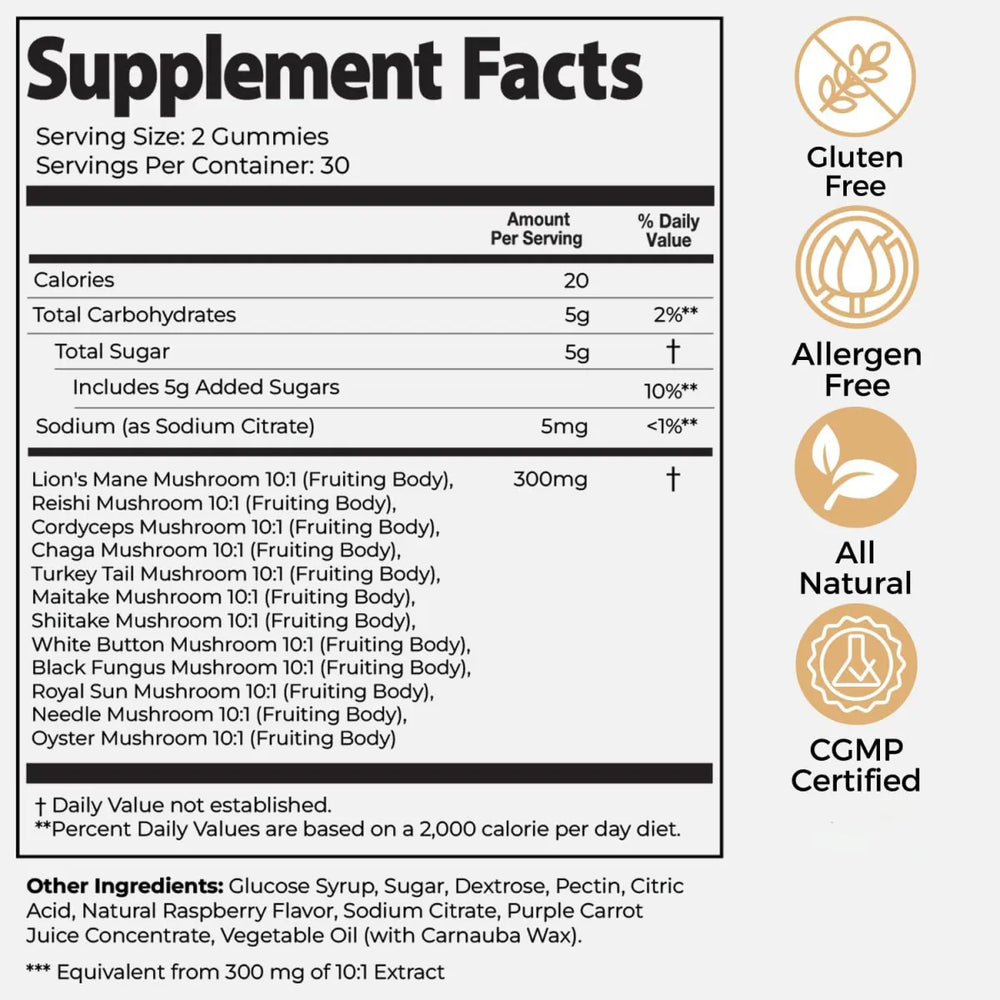 Mushroom Daily Gummies 3-Pack – 3000mg Functional Mushrooms for Brain, Immunity, Energy, Focus & Mood | Wild Raspberry | Organic Wellness Hub
