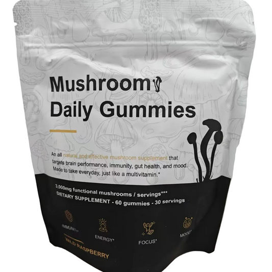 Package of Mushroom Daily Gummies with text on a white background