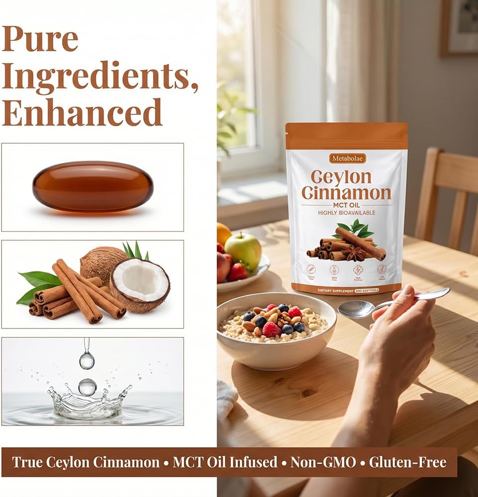 Metabolae Ceylon Cinnamon with MCT Oil Softgels 300 Count - High Potency Cinnamon Supplement | Organic Wellness Hub