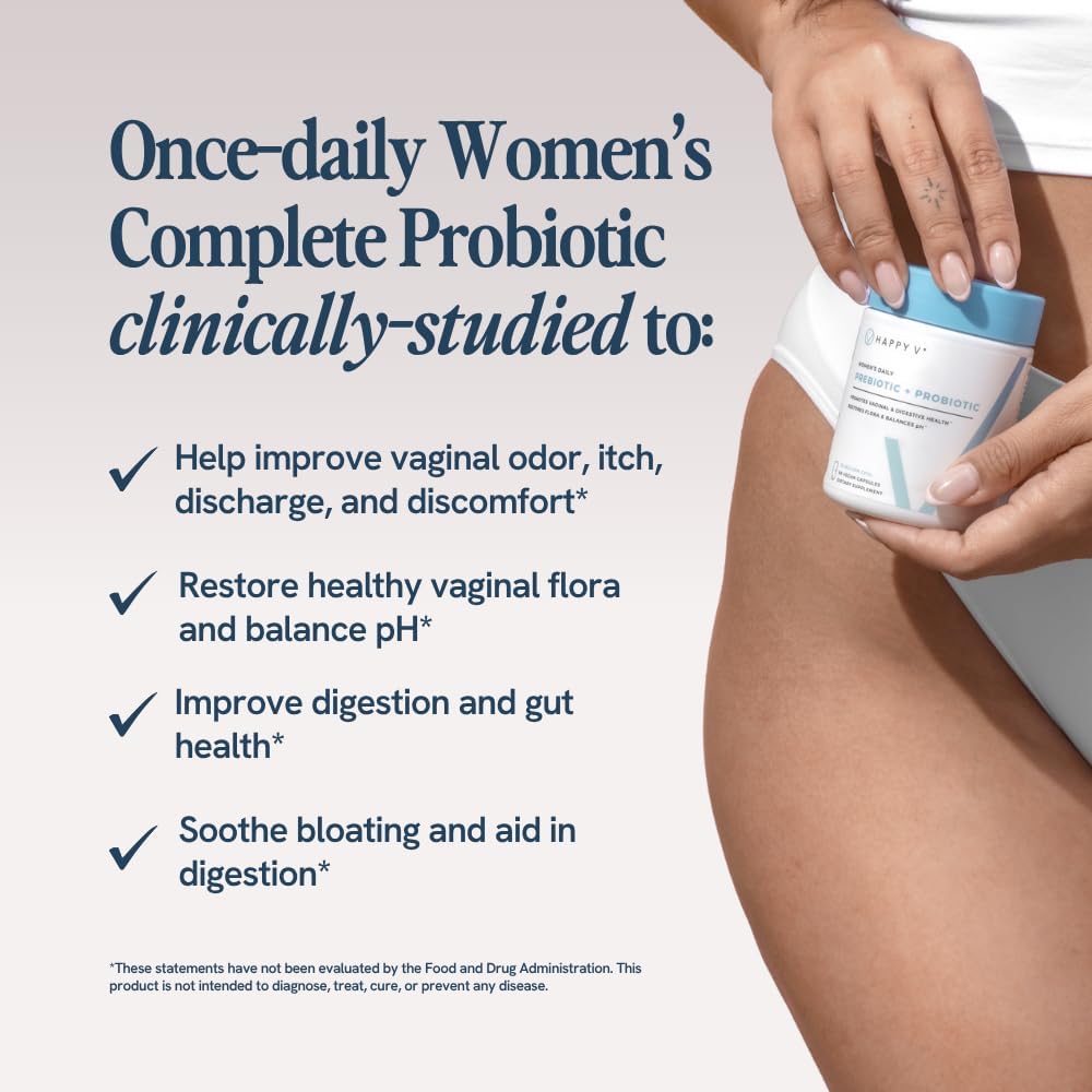 Happy V Women's Daily Prebiotic + Probiotic | 20 Billion CFUs | Vaginal & Digestive Health | pH Balance | 60 Vegan Capsules