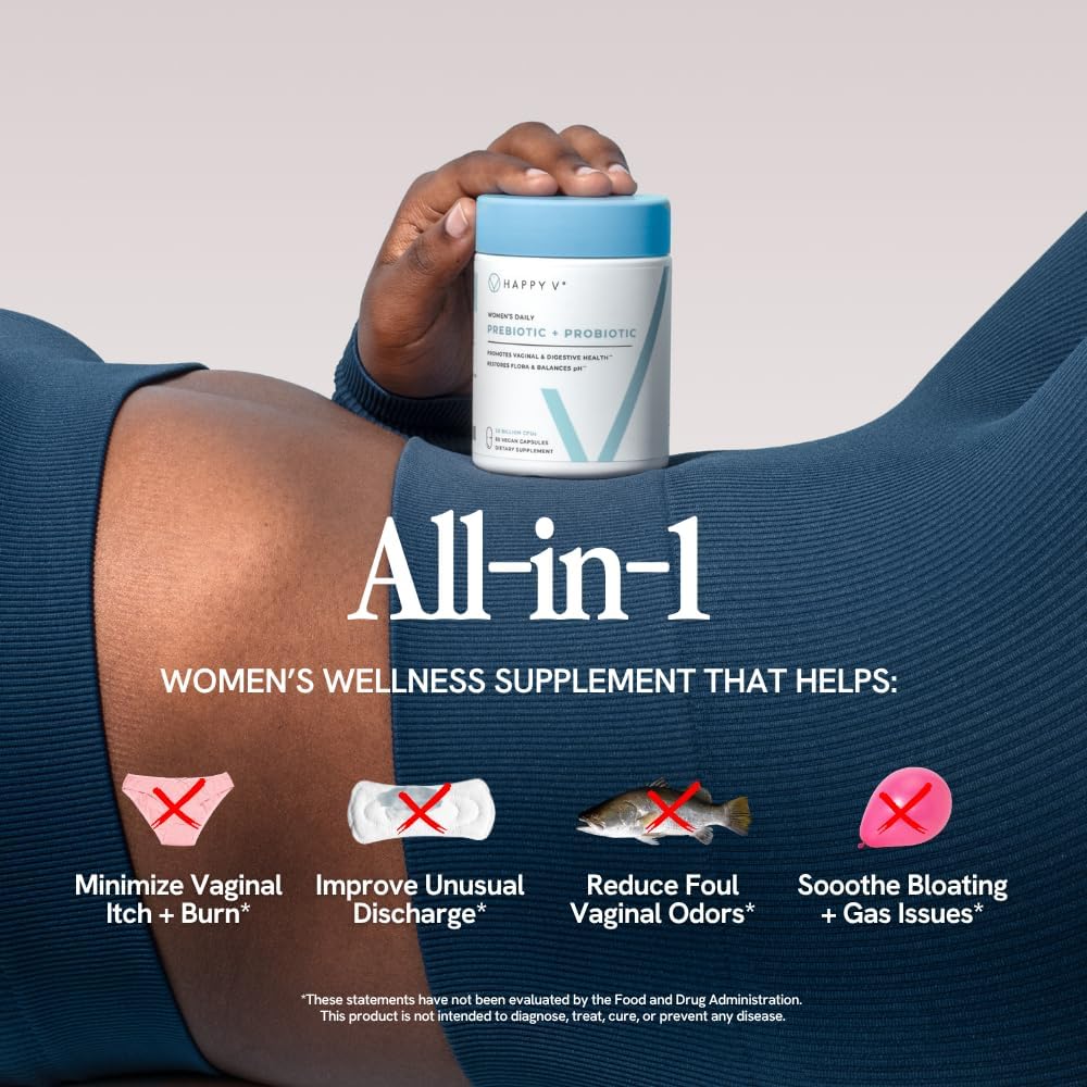 Happy V Women's Daily Prebiotic + Probiotic | 20 Billion CFUs | Vaginal & Digestive Health | pH Balance | 60 Vegan Capsules