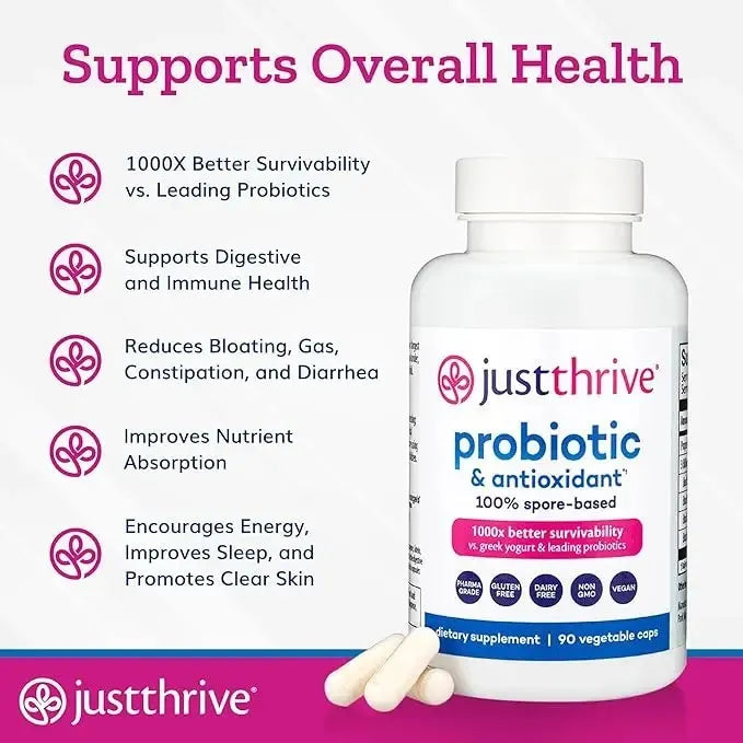 Just Thrive Probiotic & Antioxidant 3-Pack Bundle — 100% Spore-Based | 270 Veggie Caps | Best Value Gut Health Supplement | Lab Tested
