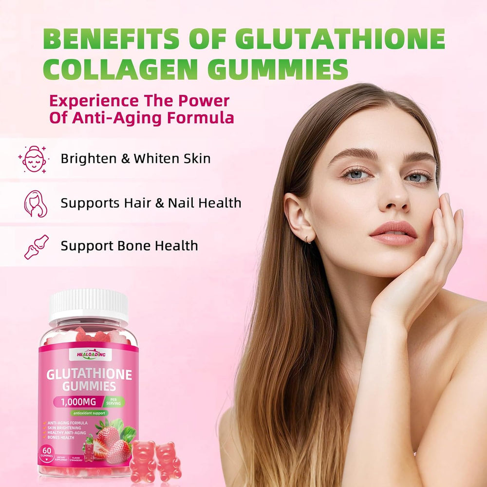 Healoading Glutathione Gummies 3-Pack Bundle 1000mg | Skin Brightening Anti-Aging Antioxidant & Bone Health | 180 Strawberry Gummies | Organic Wellness Hub
