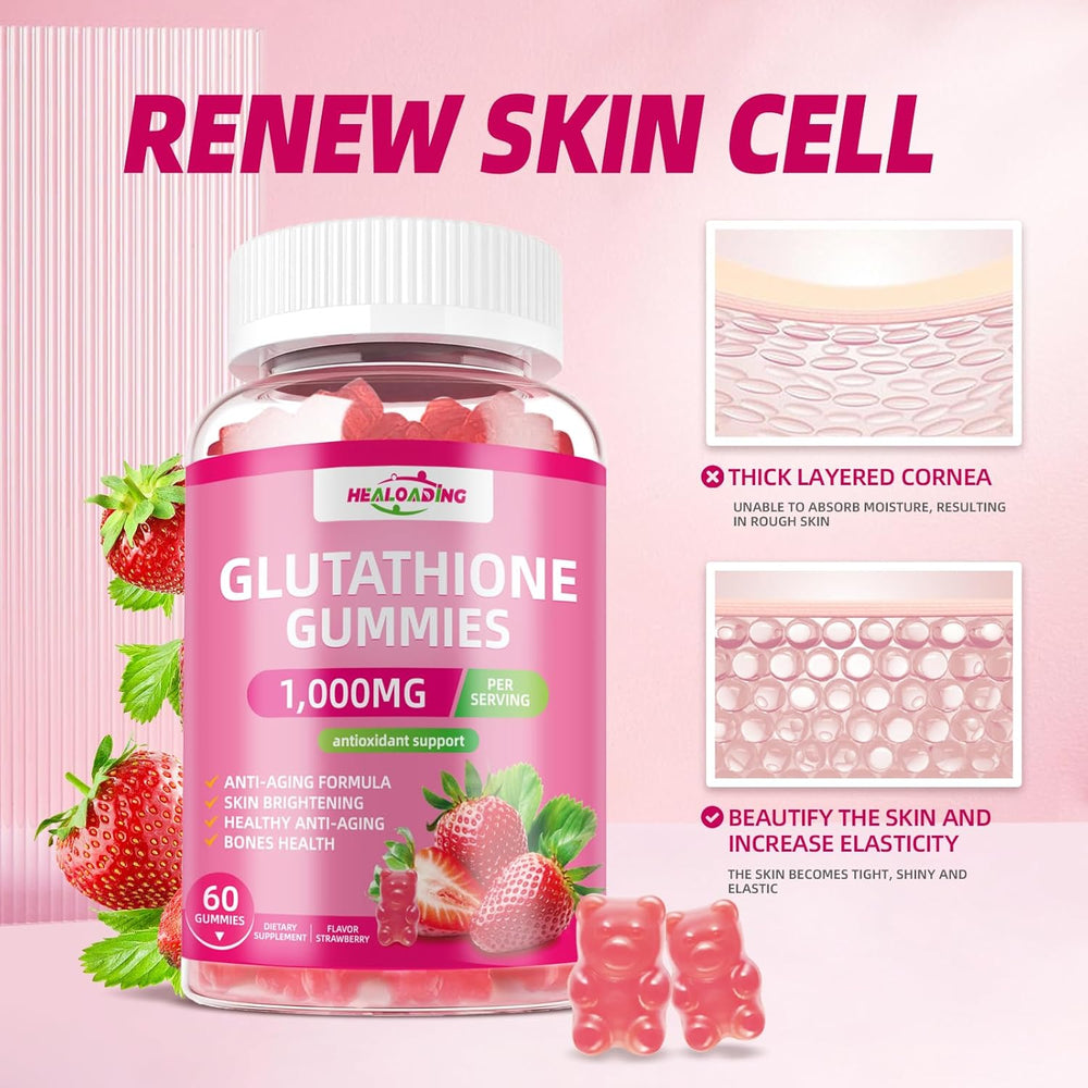 Healoading Glutathione Gummies 3-Pack Bundle 1000mg | Skin Brightening Anti-Aging Antioxidant & Bone Health | 180 Strawberry Gummies | Organic Wellness Hub