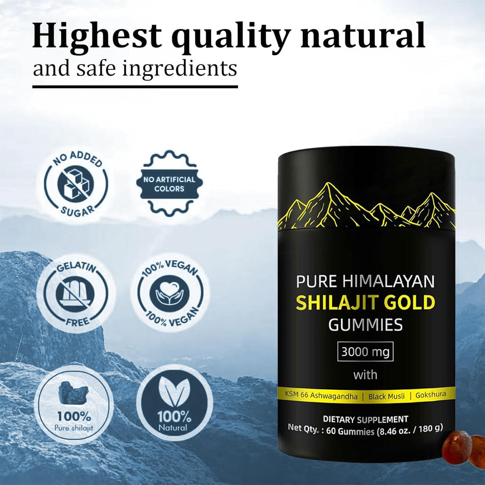 Pure Himalayan Shilajit Gold Gummies 3000mg | KSM-66 Ashwagandha, Black Musli & Gokshura | Natural Energy, Stamina & Focus | Lab Tested | Organic Wellness Hub