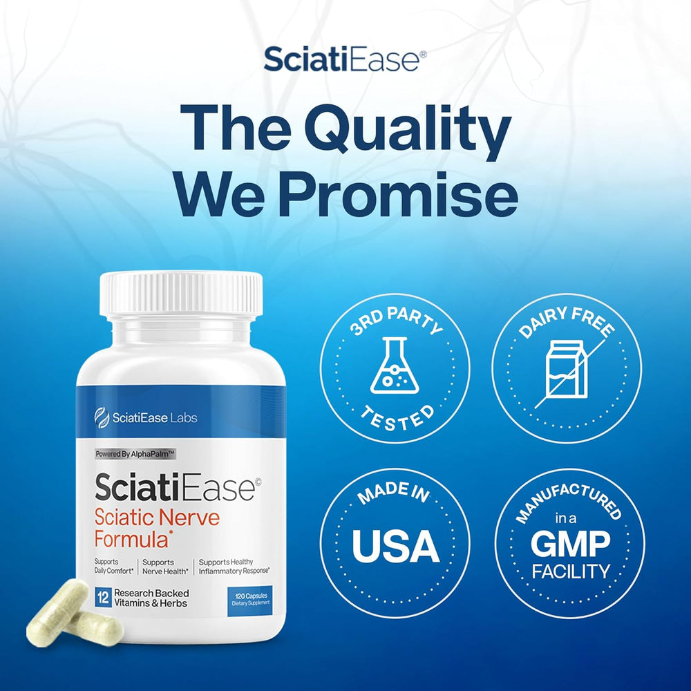 SciatiEase Sciatic Nerve Formula | 120 Capsules | Powered by AlphaPalm™ | 12 Research-Backed Vitamins & Herbs | Supports Daily Comfort, Nerve Health & Healthy Inflammatory Response