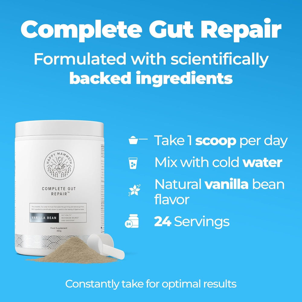 Happy Mammoth Complete Gut Repair™ 3-Pack Bundle | Vanilla Bean Gut Health Supplement | Leaky Gut, Microbiome & Digestion | Lab Tested | 3 × 360g | Organic Wellness Hub
