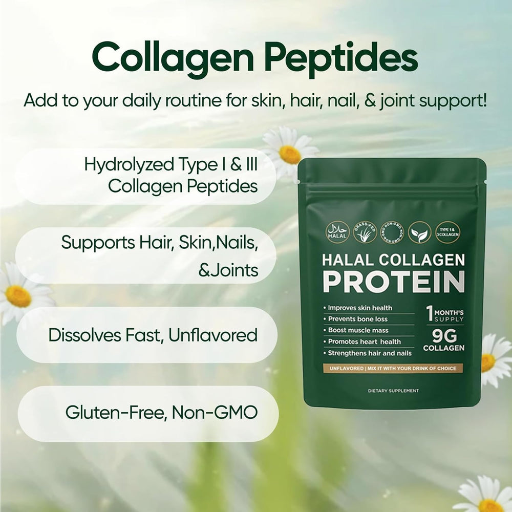 Halal Collagen Protein Powder 9g | Grass-Fed Non-GMO Type 1 & 3 | Skin Hair Nails Bones Muscle & Heart Health | 1 Month Supply | Organic Wellness Hub