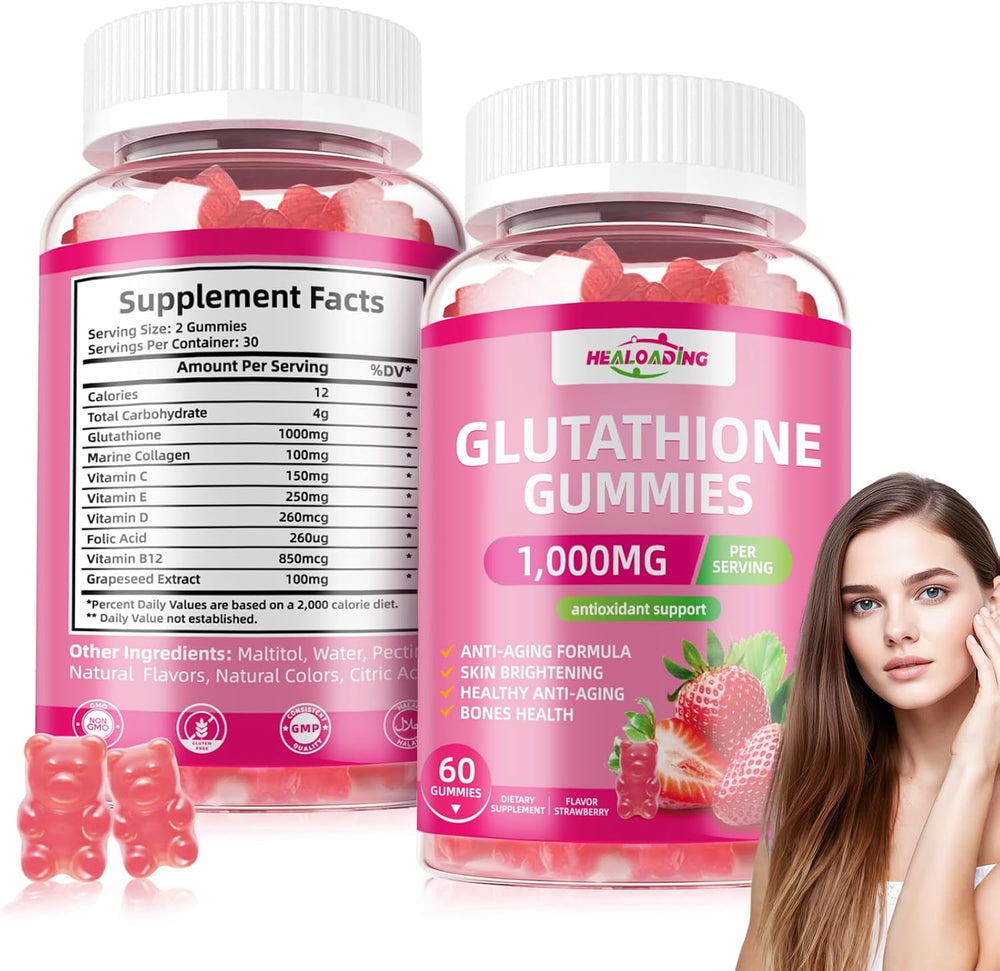 Healoading Glutathione Gummies 3-Pack Bundle 1000mg | Skin Brightening Anti-Aging Antioxidant & Bone Health | 180 Strawberry Gummies | Organic Wellness Hub