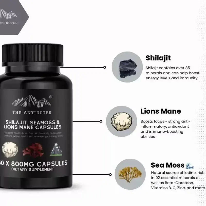 Shilajit Sea Moss & Lion's Mane Capsules 800mg 3-Pack – Brain, Energy & Daily Wellness Support | 180 Capsules | Organic Wellness Hub