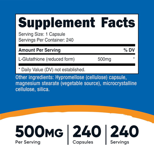 Nutricost Glutathione Reduced Form 500mg – 240 Capsules | Antioxidant Support Supplement | Organic Wellness Hub