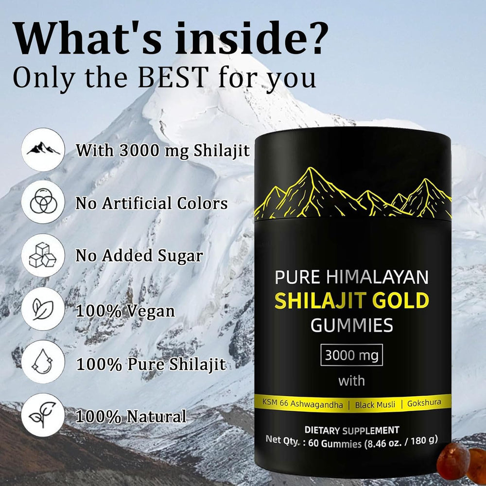 Pure Himalayan Shilajit Gold Gummies 3000mg | KSM-66 Ashwagandha, Black Musli & Gokshura | Natural Energy, Stamina & Focus | Lab Tested | Organic Wellness Hub