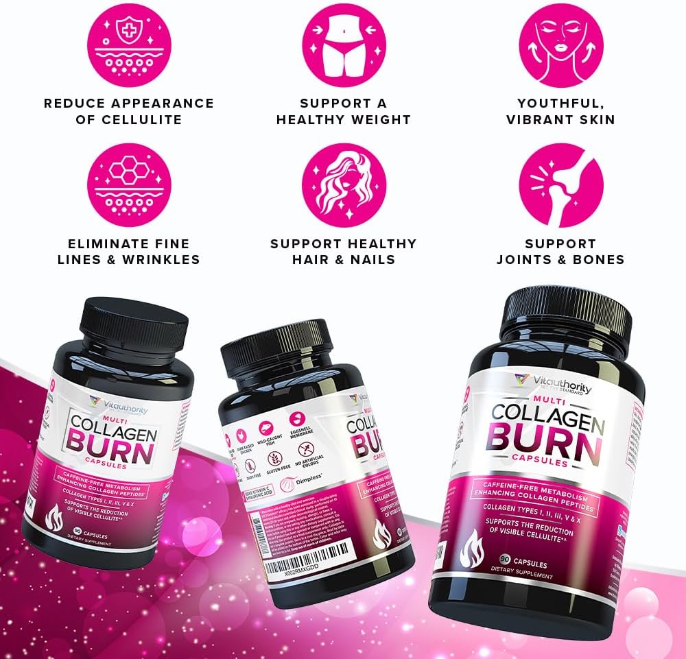 Multi Collagen Burn Capsules 3-Pack (270 Capsules) – Caffeine-Free Metabolism Boost & Visible Cellulite Reduction | Organic Wellness Hub