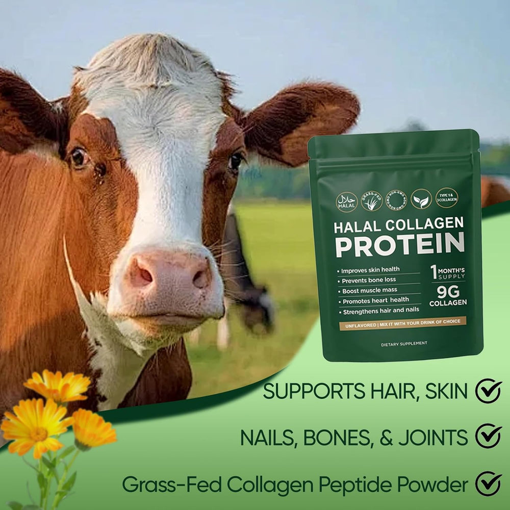 Halal Collagen Protein Powder 9g | Grass-Fed Non-GMO Type 1 & 3 | Skin Hair Nails Bones Muscle & Heart Health | 1 Month Supply | Organic Wellness Hub