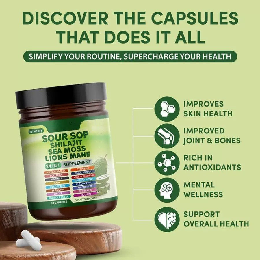 Sour Sop Shilajit Sea Moss Lions Mane Supplement | 24-in-1 Organic Blend | Ashwagandha, Turmeric, Collagen, Berberine, NAD+ | 60 Capsules | Organic Wellness Hub
