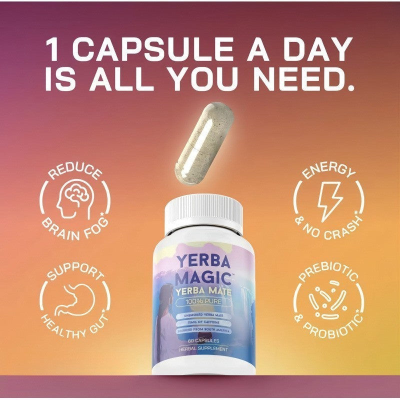 Yerba Magic Yerba Mate Capsules | 100% Pure Unsmoked | 75mg Caffeine | South American Herbal Supplement ? 60 Capsules