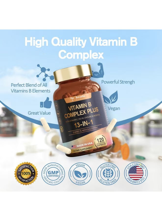 Totaria Health Vitamin B Complex Plus 13-in-1 – Energy & Nervous System Support | 120 Capsules | Organic Wellness Hub