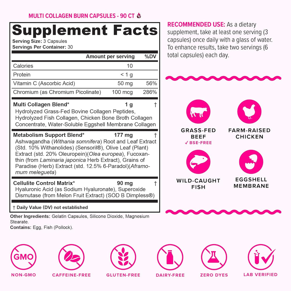 Multi Collagen Burn Capsules - Caffeine-Free Metabolism Boost & Visible Cellulite Reduction | Organic Wellness Hub