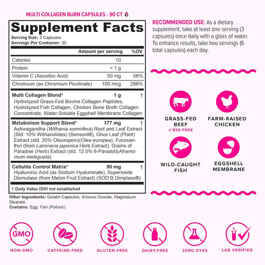 Multi Collagen Burn Capsules 3-Pack (270 Capsules) – Caffeine-Free Metabolism Boost & Visible Cellulite Reduction | Organic Wellness Hub
