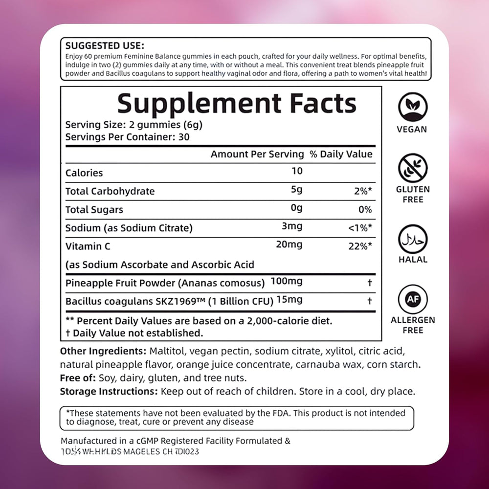 Feminine Balance Gummies | Yeast Balance, Gut Health, Flora Support & pH Harmony | 60 Gummies | Organic Wellness Hub