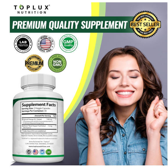 Citrus Bergamot 1500mg | 25:1 Extract with BioPerine� | Antioxidant & Immune Support | 90 Capsules - Toplux Nutrition