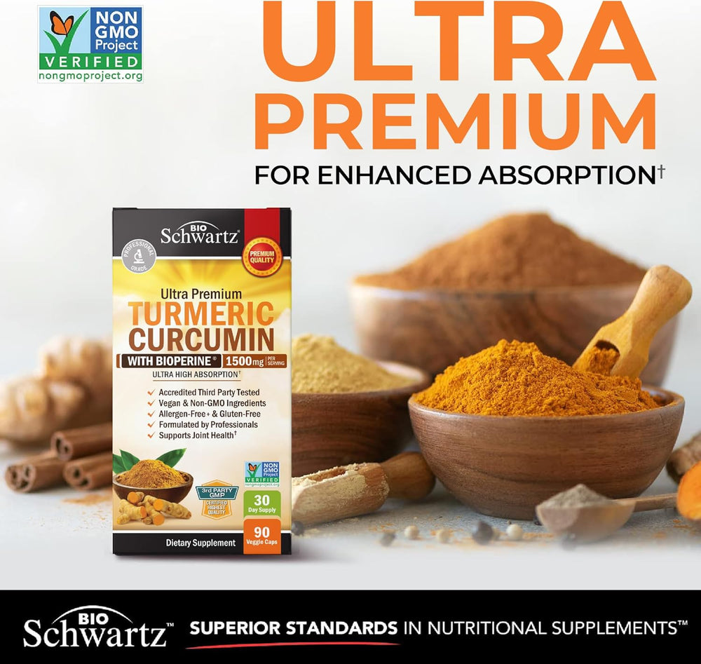 BioSchwartz Ultra Premium Turmeric Curcumin with BioPerine 1500mg (3 Pack) – 270 Veggie Capsules | High Absorption Formula | Organic Wellness Hub