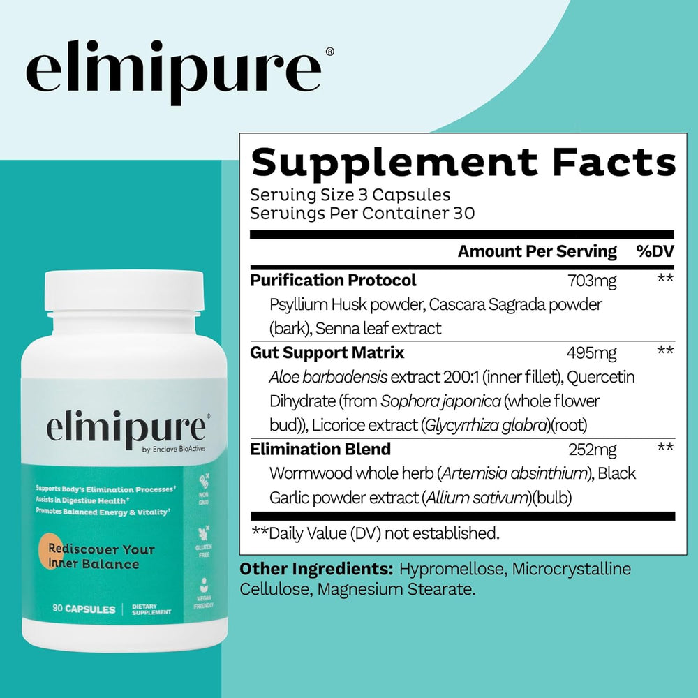 Elimipure Detox & Digestive Health Supplement 90 Capsules (3 Bottles) | Lab Tested & Vegan | Organic Wellness Hub