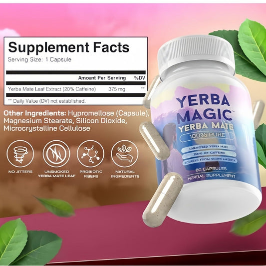 Yerba Magic Yerba Mate Capsules | 100% Pure Unsmoked | 75mg Caffeine | South American Herbal Supplement ? 60 Capsules