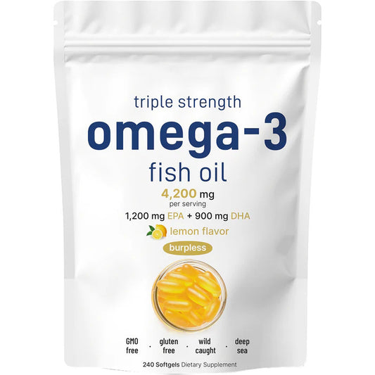 Triple Strength Omega-3 Fish Oil 4200mg | 1200mg EPA + 900mg DHA | Lemon Flavor Burpless Softgels 240 | Organic Wellness Hub